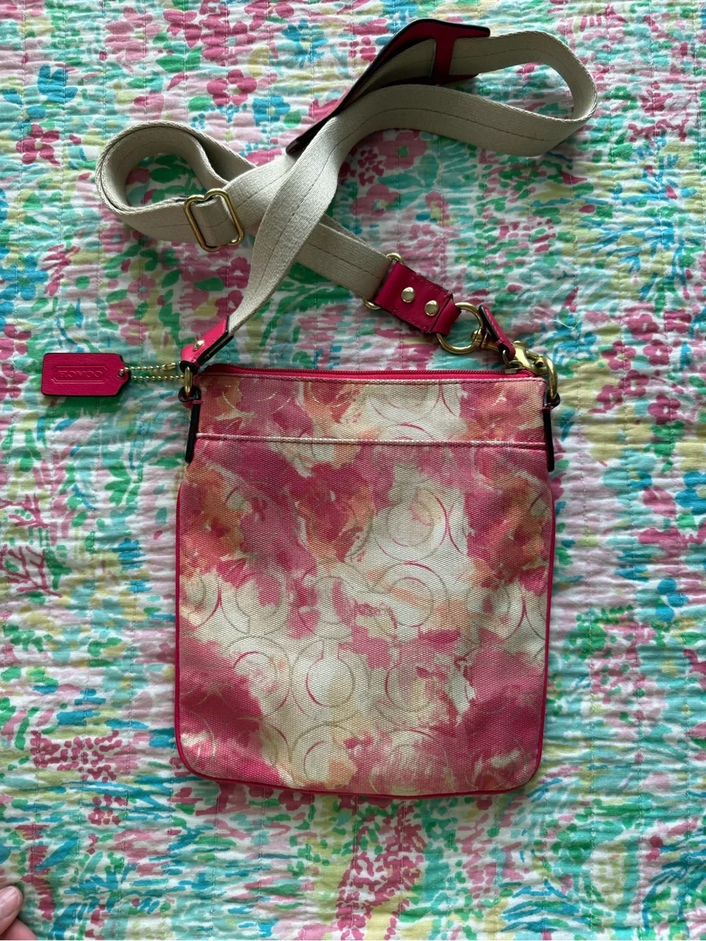 Coach Pink Floral Canvas Crossbody with Cream Strap